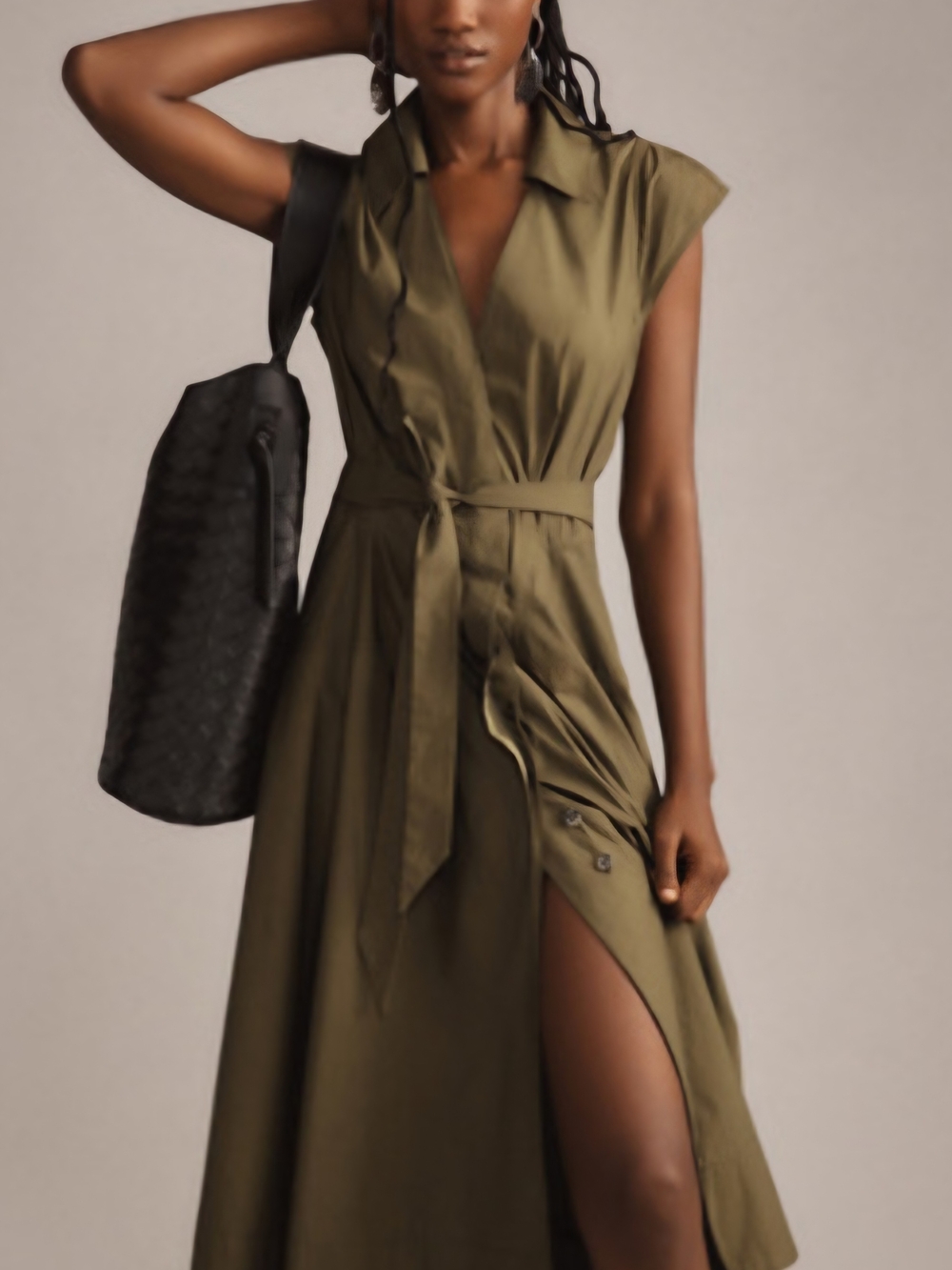 Maeve Anthropologie Olive Green Sleeveless Midi Shirt Dress with Self-Tie Waist